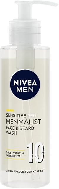 NIVEA MEN Sensitive Pro Menmalist Face & Beard Wash (200ml), Cleansing Men's Face Wash, 10 Essential Ingredients to Gently Remove Dirt and Oils