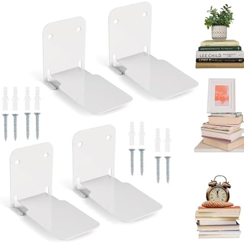 E-Senior Invisible Floating Bookshelves, Heavy-Duty Book Organizers, Iron Hanging Shelves for Bedroom, Living Room, Playroom, Office,(White,4 Pieces) Cover