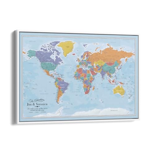 Image of Blue Oceans World Push Pin Map Canvas - Personalized Travel Gift - Framed Wall Decor - White Float Frame - 30 inch x 45 inch