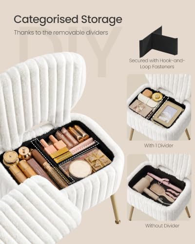 Image of SONGMICS Small Vanity Chair with Storage and Folding Back, Vanity Stool, Footrest Footstool Ottoman, Dressing Table Stool, Furry Padded Seat, for Makeup Room, Bedroom, Cream White ULOM532WD01