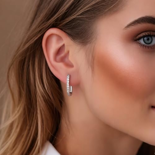 925 Sterling Silver Hypoallergenic Cubic Zirconia Hoop Earrings– Trendy Geometric Minimalist Rectangular Design for Women & Men3