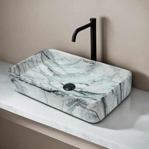 Image of Wash Basin Countertop | Tabletop Ceramic Bathroom Sink | Wash Basin Over Counter | (24 x 14 x 5 Inch) (Marble Beige Black)