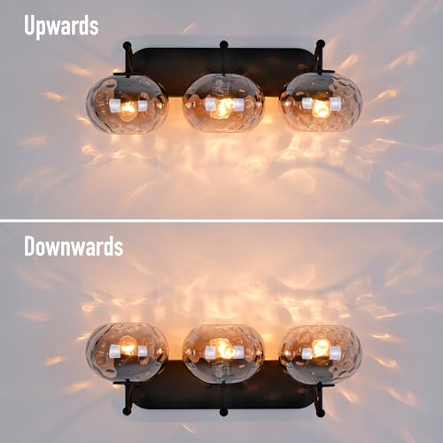 Image of 23 inch Matte Black Vanity Light Smoked Hammered Glass Wall Sconce 3-Light Grey Lampshade Wall Lamp for Hallway Living Room Stairwell Bathroom Over Mirror