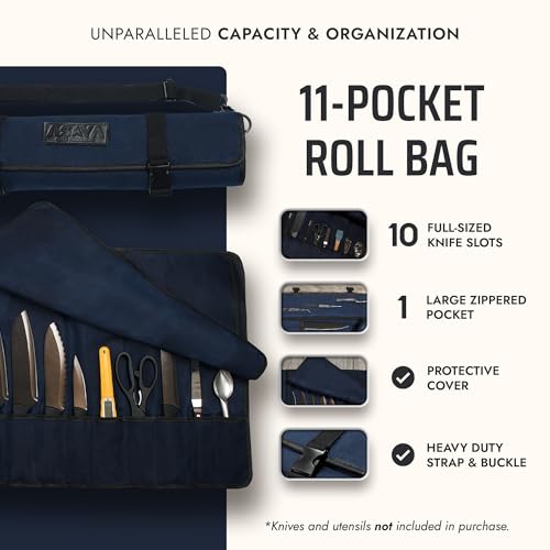 Asaya Canvas Chef Knife Roll Bag - 10 Knife Slots and a Large Zipper Pocket - Durable 10oz Canvas Knife Case with an Adjustable Shoulder Strap - Knives not Included