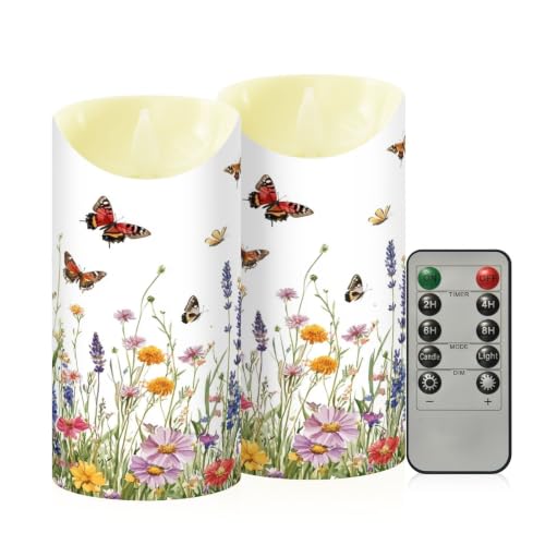 Ewusp Juego de 2 velas sin llama con diseño de mariposas y flores silvestres, funciona con pilas, con control remoto y temporizador, para decoración del hogar, bodas, vacaciones, fiestas, centros de