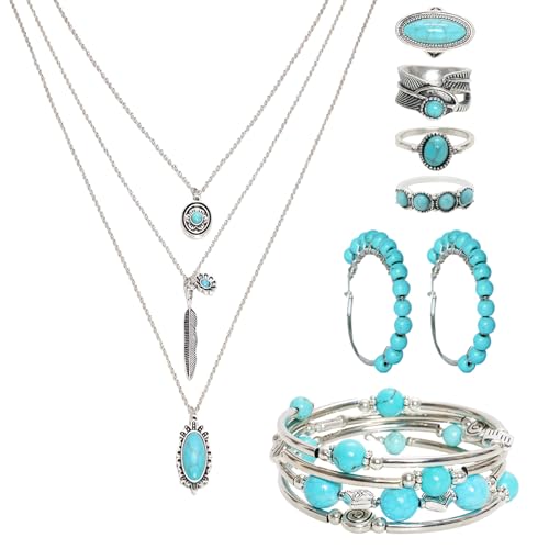 Fumwase 7PCS Bohemian Turquoise Jewelry Set Turquoise Necklace Earrings Rings Western Layered Bracelets Western Jewelry for Women (Elegance)