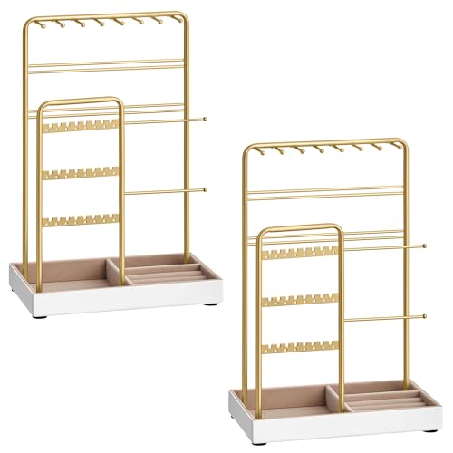 Image of SONGMICS Set of 2 Jewelry Holders, Jewelry Organizers Display Stands with Metal Frame, Velvet Tray, Necklace Earring Bracelet Holders, for Studs, Rings, Gift Idea, Pale Gold UJJS021A01V1-2J