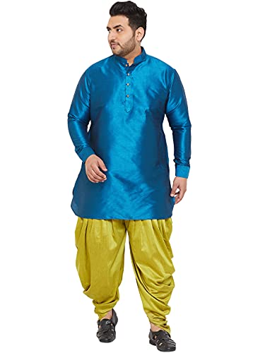 Image of VASTRAMAY Men's Silk Blend Solid Plus Kurta And Dhoti Set - Classic Ethnic Attire for Cultural Celebrations | Curved Hem Kurta With Contrast Cowl Dhoti Set
