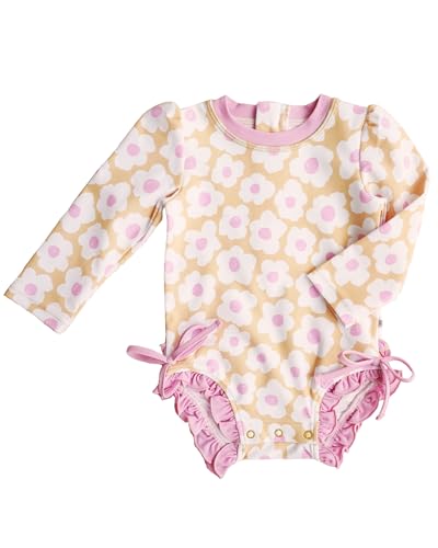 Image of Caden Lane Long Sleeve Rash Guard with Ruffle Bottom, Girls Swimwear with UPF 50+ Sun Protection, Quick-Drying, Sun and Chlorine Resistant Fabric Beachwear, Sunshine Daisy, 3-6 Months
