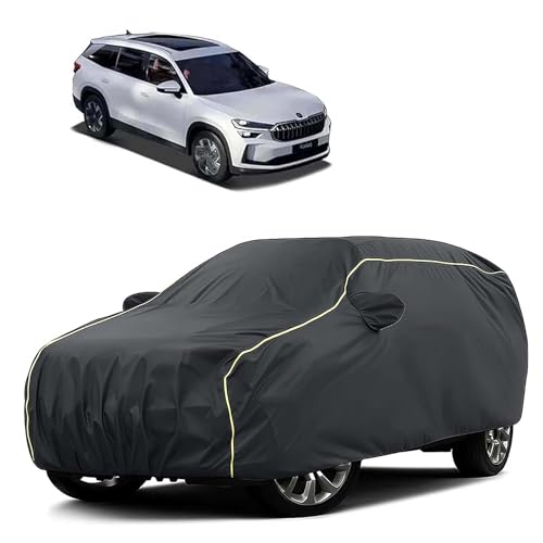 Image of Sulfar 100% Water Resistant Car Body Cover Compatible with Mirror for Skoda Kodiaq (Triple Stitched, Full Bottom Elastic, Dark Grey Tafetta with Yellow Piping)