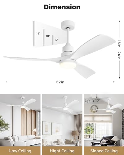 Image of 52 Inch Ceiling Fans with Lights Remote, White Ceiling Fans 3-Color Light, Timer, ETL Listed, 3 Downrods, 3 Blades, 6 Speed Modern Fan Quiet Reversible DC Motor for Patio Outdoor,52in,White