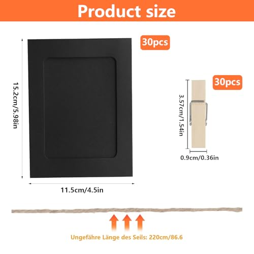 30 Stk Papier Bilderrahmen Pappe, Kraftpapier Fotorahmen, 15,2 x 11,5cm Karton Bilderrahmen zum Basteln, Fotogirlande zum Aufhängen mit Holzklammern & Hanfseil für Hängende Wanddekoration(Schwarz)