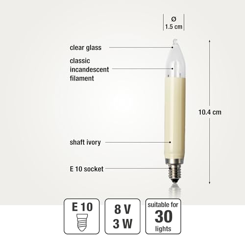 hellum 901016 świece zamienne do łuku świetlnego, 10 sztuk, 8 V, 3 W, świece trzpieniowe do świec choinkowych, do użytku wewnątrz i na zewnątrz, z 30 punktami świetlnymi, żarówki do łuku świetlnego