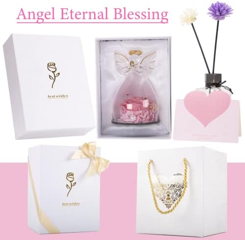 Angel Forever Pink Rose Flower Ornament In Glass Dome,Beauty And The Beast Real Preserved Eternal Rose For Girlfriend,Love Box Gift On Valentine Mother'S Day Anniversary Wedding Christmas Birthday