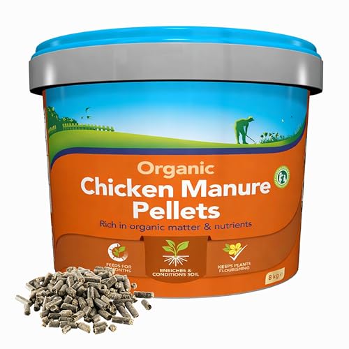 Chicken Manure Plant Food Fertiliser - 8kg Organic Composted Chicken Poultry Manure Plant Feed Pellets for Outdoor Garden Plants. Fertilizer for Vegetables, Tomato Feed with Topline Card.