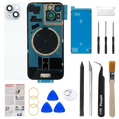 Phoupair OEM Back Glass Replacement Compatible with iPhone 15 6.1 Inches with Camera Frame and Camera Lens + Professional Repair Tool Kit and Installation Instruction (Blue)