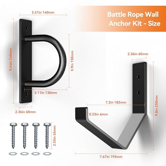 Battle Rope Wall Anchor Kit, Heavy Duty Steel Wall Anchor with Training Rope Organiser, Fitness Rope Wall Mount, Black
