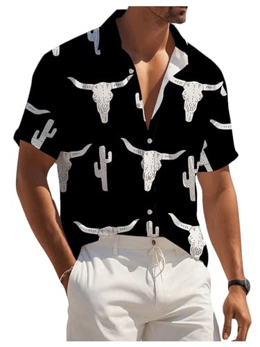 WDIRARA Men's Cow Print Button Front Summer Casual Shirts Colorblock Short Sleeve Collared Neck Shirts