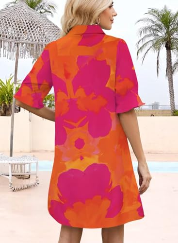 Image of Womens Summer Shirt Mini Dresses 2026 Beach | Flowy Shift Dress, Button V Neck, Polo Collar, Ruffle Short Sleeve, Floral Boho Style, Casual Vacation Outfits with Pockets