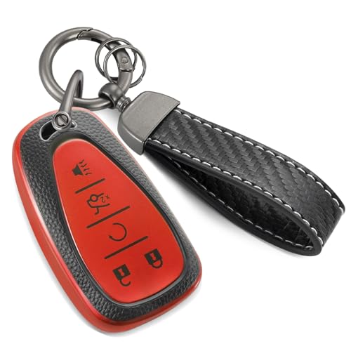CTRINEWS for Chevy Key Fob Cover with Carbon Fiber Style Belt Keychain Upgraded TPU Surface Grain Key Case for Malibu Equinox Blazer Traverse Camaro Volt (5 Buttons) (Red B1)