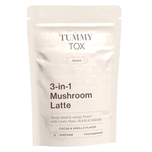 Tummy Tox 3-in-1 Mushroom Latte - Lions Mane Mushroom Coffee - Löwenmähne (Hericium) Reishi Shiitake und Guarana - Konzentration Energie und Verdauung - 15 Portionen