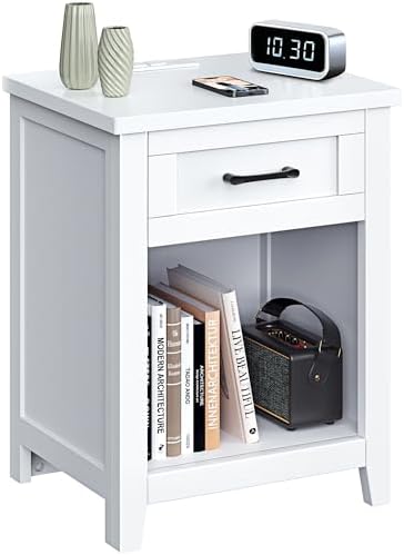 Farmhouse Nightstand with Charging Station & Large Storage, Moder...