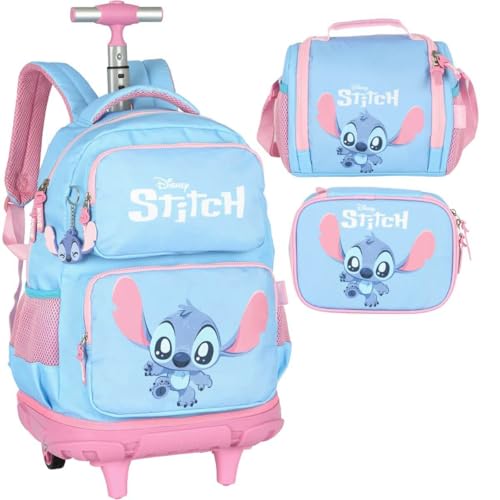 Mochila Infantil Rodinhas Stitch com Lancheira e Estojo 100 Pens Azul