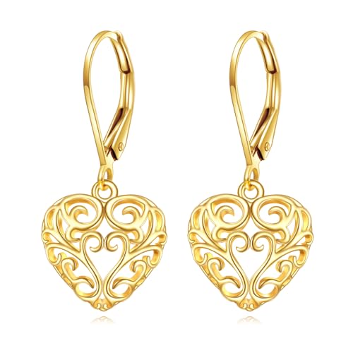 14k Gold Heart Leverback Earrings for Women Ball Dangle Drop Earrings Vintage Jewelry Birthday Gifts for Her
