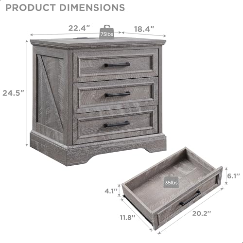 Image of ACCOHOHO Farmhouse Nightstand with Charging Station, 22 Inch Wide End Table with 3 Large Drawers & Bar Handles, Rustic Wood Small Dresser Chest of Drawers for Bedroom, Living Room, Closet, Grey