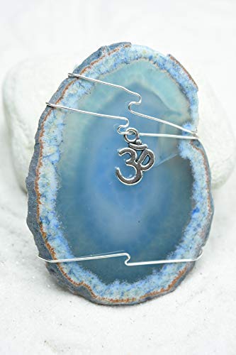 Custom Handmade Agate Slice Ornament with Silver Yoga Ohm Charm - Choose Your Agate Slice Color: - Aqua, Pink, Purple, Blue, or Natural