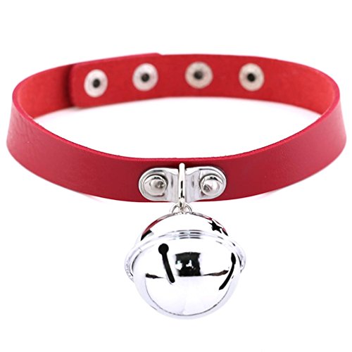 FM FM42 Red PU Simulated Leather Silver-tone 4cm Large Bell Pendant Neckband Choker Necklace PN1856