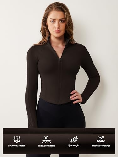 Image of AVGO Women's Workout Jacket Lightweight Zip Up Cropped Yoga Jackets Slim Fit Athletic Tops with Thumb Holes