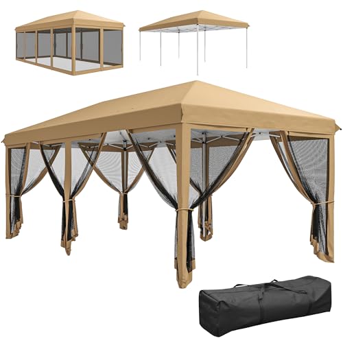 Outsunny 3 x 6m Pop Up Gazebo, Outdoor Canopy Shelter, Marquee Party Wedding Tent with 6 Mesh Walls and Carry Bag, Beige