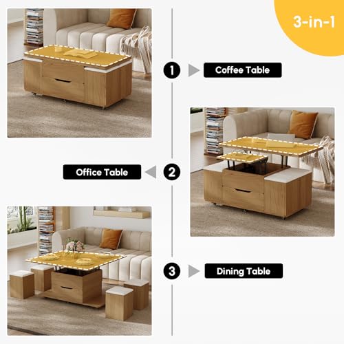 homary Natural Lift Top Coffee Table with Hidden Storage, 3 in 1 Multi-Function Modern Folding Center Table with 4 Stools and Casters