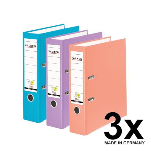 Falken PP-Color Ordner, Made in Germany, 8 cm breit DIN A4 farbig sortiert Pastell Vegan Kunststoffbezug außen, Papierbezug innen, mit austauschbarem Rückenschild (3 Ordner)
