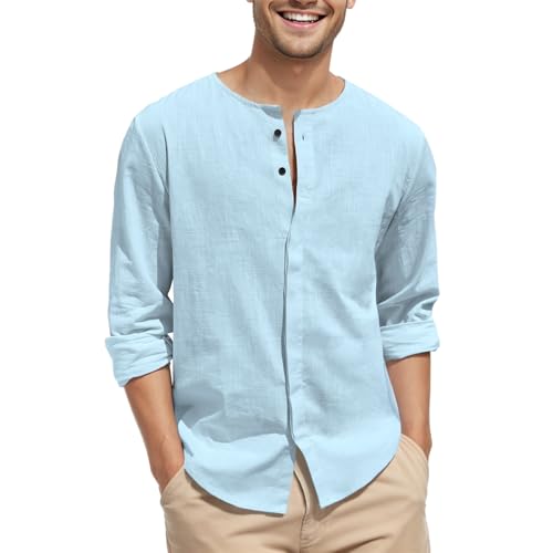 Puimentiua Camisa de lino de manga larga para hombre, ligera de verano, camisa de playa con botones, azul celeste, XL