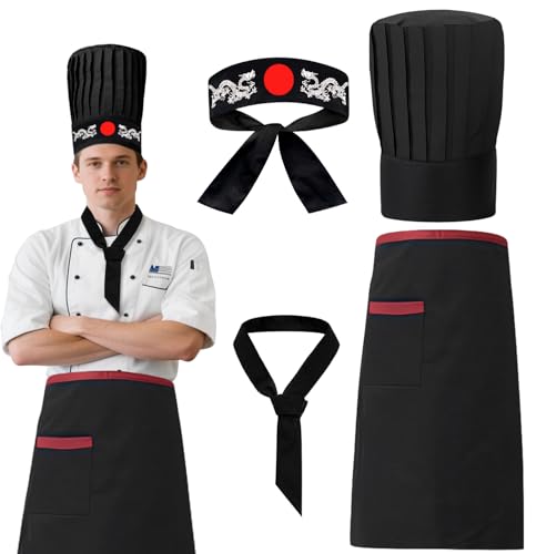 Chef Costume Adult Set 4pc - Hibachi Chef Hat And Apron, Headband & Tie, Hibachi Chef Outfit for Men Women, Hibachi Party Decorations, Halloween Party Decorations And Bbq Birthday Party Decor