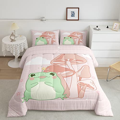 Cute Frog Full Size Comforter Set Pink Plaid Background Bedding Set For Kids Adults Teens Cartoon Mushroom Comforter Luxury Kawaii Quilt Set Room Decor 3Pcs #TOP24