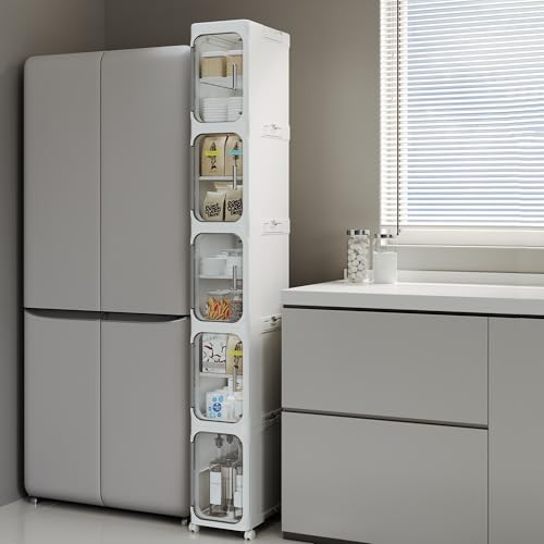Image of 5-Tier Tall Slim Narrow Bathroom Storage Cabinet, White | Tool Free Assembly, Adjustable shelves, Fits for Narrow Spaces, Lockable Wheels, Magnetic Clear Door