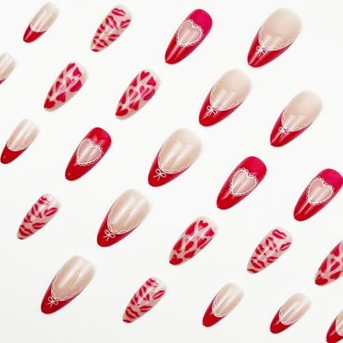 Image of Red Press on Nails Heart Fake Nails French Tip Glue on Nail with Lip Print Design Reusable Glossy Full Cover Stick on Nail for Women Manicure 24Pcs
