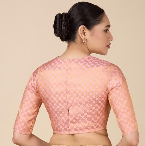 Image of Studio Shringaar Women Brocade Silky Jewel Neck Readymade Elbow Length Sleeve Saree Blouse