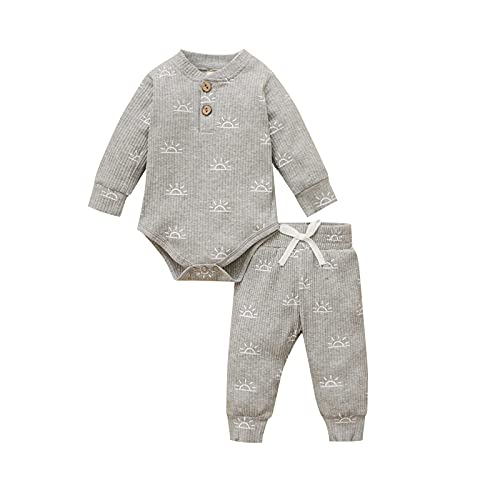 Image of Newborn Baby Girl Boy Fall Clothes 3 6 12 18 24 Months Outfits Long Sleeve Knitted Cotton Romper & Pants Infant Winter Sets
