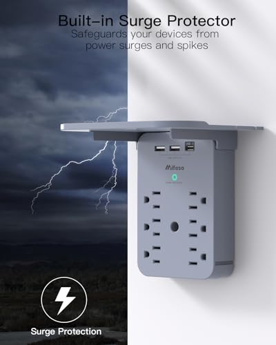 Image of Wall Outlet Extender with Shelf, Surge Protector 6 AC Multi Plug Outlet | 3 USB Charger Station Splitter Expander for Bathroom Home, Gray