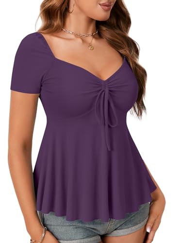 Image of Rooscier Women's Ribbed Knit Sweetheart Neck Tops Cute Drawstring Ruffle Short Sleeve T Shirts