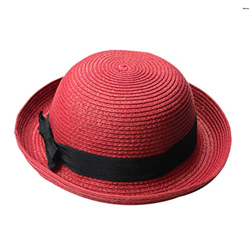 LIFKOME Fashion Straw Beach Hat Wide Brim Summer Sun Hat Bowknot Roll-up Dome Straw Free Size Red