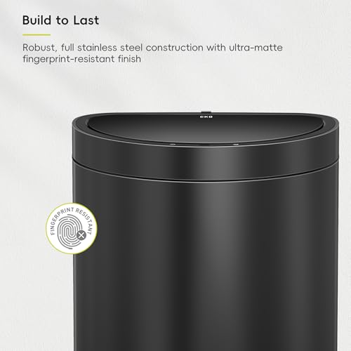 Image of EKO Mirage Semi-Round 47L / 12.4 Gal Motion Sensor Trash Can or Recycling Bin, Automatic Kitchen Trash Bin with Deodorizer Compartment, Removable Lid & Inner Bucket, Stainless Steel, Matte Black