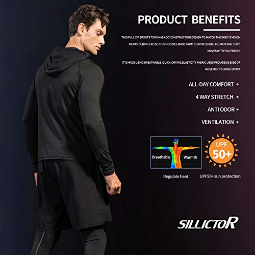 Sillictor Gym Hoodies for Men with Hand Pockets UPF 50+ Zip Up Long Sleeve Running Top Mens Sports Jakcets for Training Workout Cycling Casual Breathable Lightweight Quick Dry 9002 Black L - Image 4