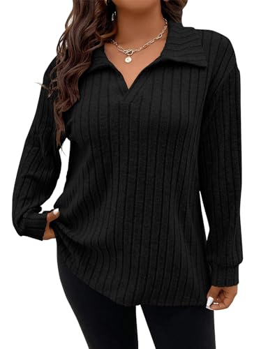 Koscacy Women's Plus Size Basic Tops Dressy Casual Fall Sweaters for Women 2025 Black Shirt Work...
