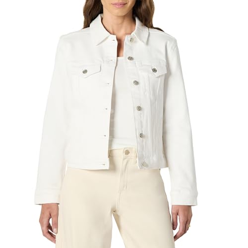 Amazon Essentials Women's Regular-Fit Low Stretch Denim Button-Front Trucker Jacket, White, Medium