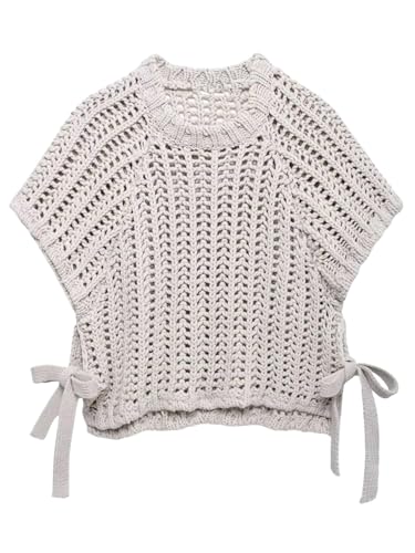 GORGLITTER Women's Side Tie Crochet Cropped Sweater Hollow Out Short Dolman Sleeve Crew Neck Open Knit Tops